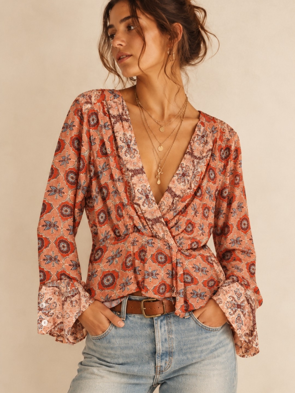 Free People Coral Pink Paisley Floral Wrap Blouse Long Sleeve Medium EUC